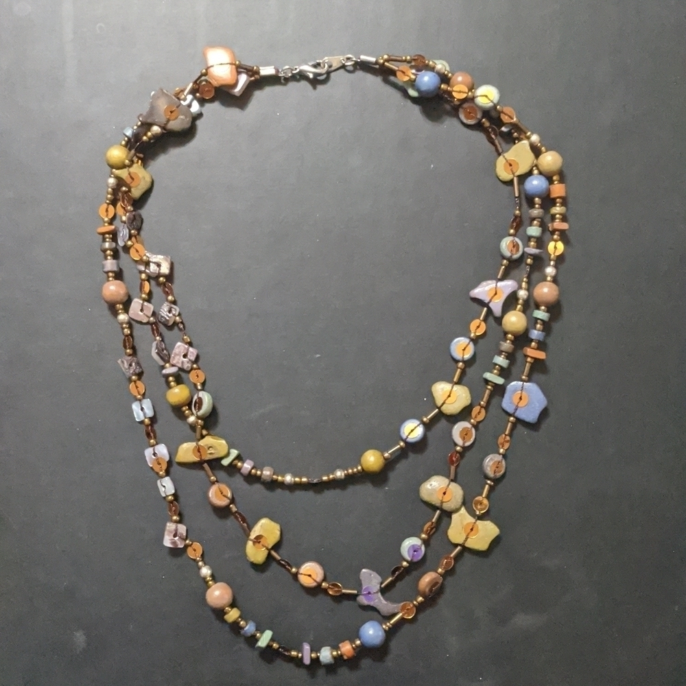 Copper Tone Blue and Brown Multi Strand Statement Necklace